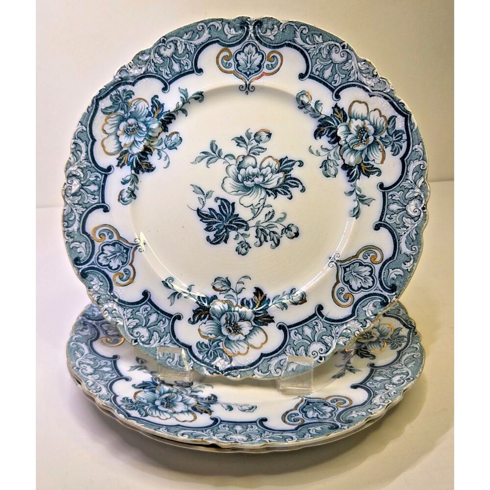 Set Of 3 Alfred Meakin Hamilton Plates 9" Gold Flow Blue Scalloped Salad England